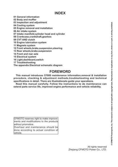 CFMOTO ZFORCE 800 Ex Service Repair Manual table of contents