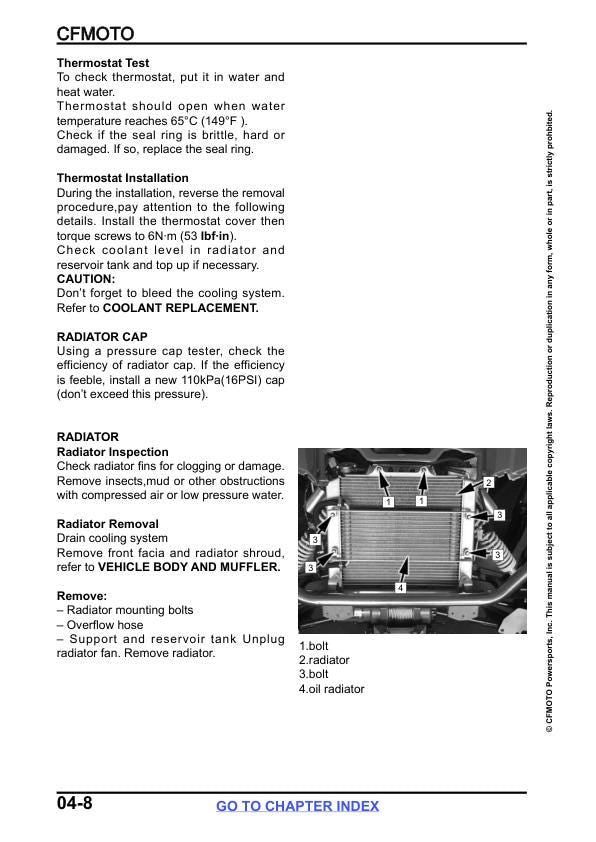 CFMOTO ZFORCE 800 Trail Service Manual sample page with diagrams and specifications