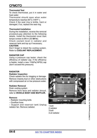 CFMOTO ZFORCE 800 Trail Service Manual sample page with diagrams and specifications