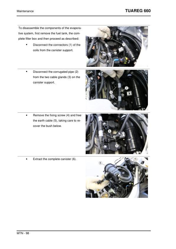 Aprilia Tuareg 660 Service Manual sample page showing repair procedures