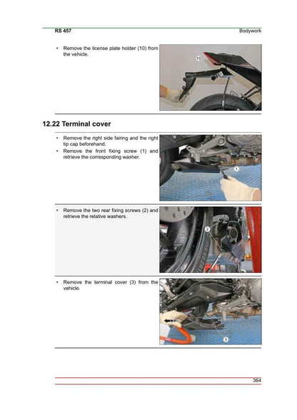 Aprilia RS 457 Service Manual sample page with service data and tables
