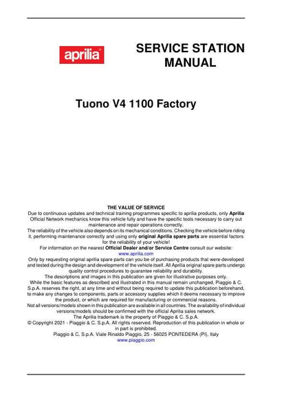 Aprilia Tuono V4 1100 Factory Service Manual table of contents