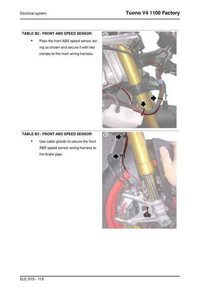 Aprilia Tuono V4 1100 Factory Service Manual sample page with diagrams and specifications