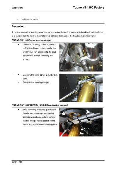 Aprilia Tuono V4 1100 Factory Service Manual sample page showing repair procedures