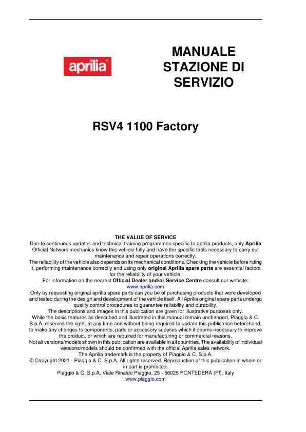 Aprilia RSV4 1100 Factory Service Manual table of contents
