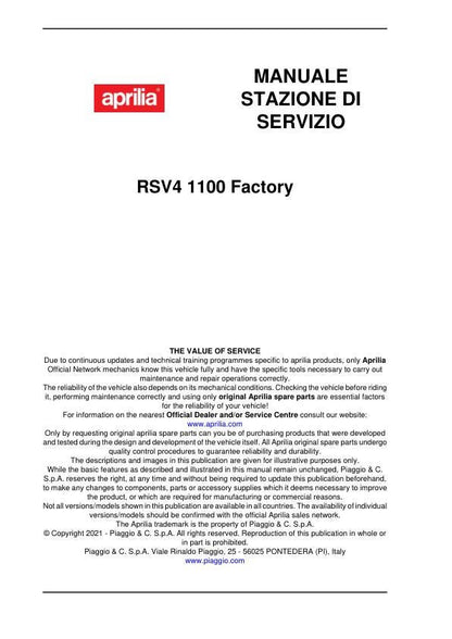 Aprilia RSV4 1100 Factory Service Manual table of contents