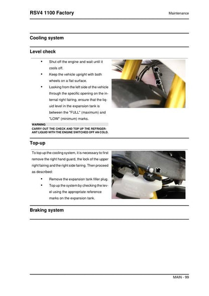 Aprilia RSV4 1100 Factory Service Manual sample page showing repair procedures