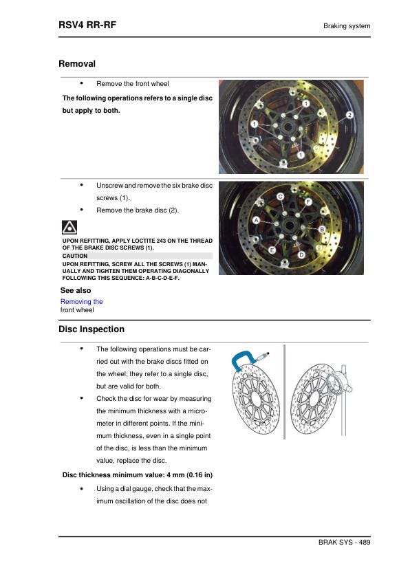 Aprilia RSV4 RR-RF Factory Service Manual sample page with service data and tables