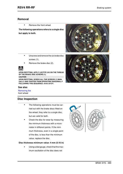 Aprilia RSV4 RR-RF Factory Service Manual sample page with service data and tables