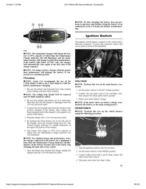 Arctic Cat 500 ATV Service Manual sample page with service data and tables