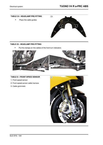 Aprilia Tuono V4 R a-PRC ABS Service Manual sample page with diagrams and specifications