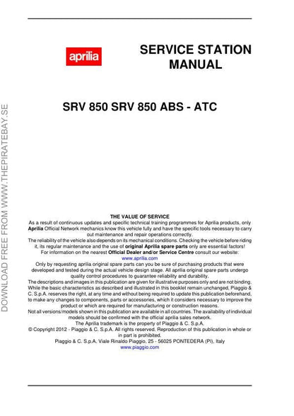 Aprilia Srv 850 ABS - ATC Service Manual table of contents