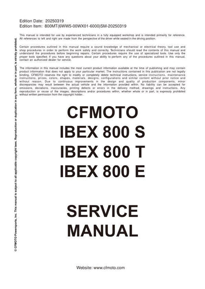 CFMOTO IBEX 800S 800T 800E Service Manual factory service manual title page