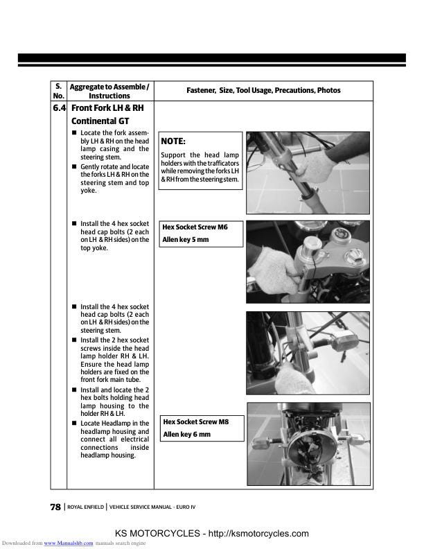 Royal Enfield Bullet & Continental Service Manual sample page with diagrams and specifications