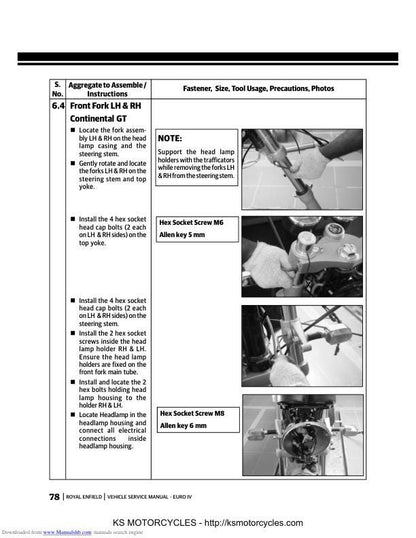 Royal Enfield Bullet & Continental Service Manual sample page with diagrams and specifications
