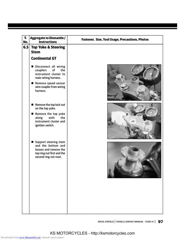 Royal Enfield Bullet & Continental Service Manual sample page showing repair procedures