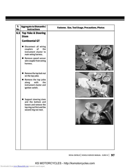 Royal Enfield Bullet & Continental Service Manual sample page showing repair procedures