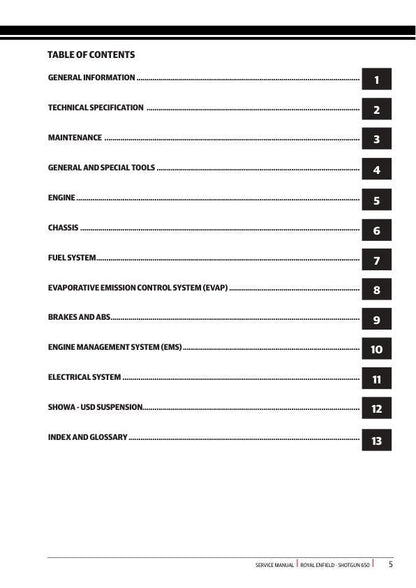 Royal Enfield Shotgun 650 Motorcycle Service Manual table of contents