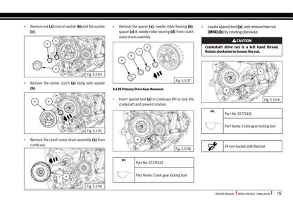 Royal Enfield Himalayan 450 Motorcycle Service Manual sample page with diagrams and specifications