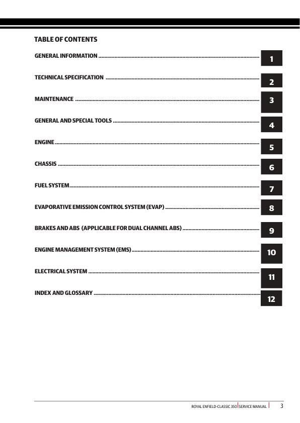 Royal Enfield Classic 350 Motorcycle Service Manual table of contents