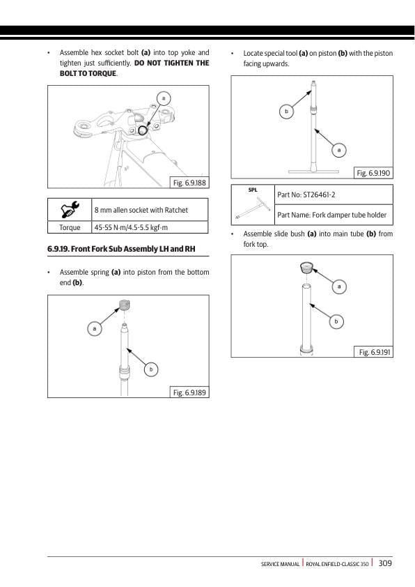 Royal Enfield Classic 350 Motorcycle Service Manual sample page with technical illustrations