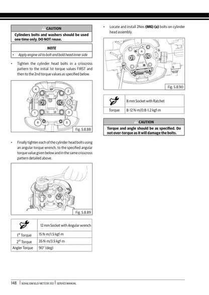 Royal Enfield Meteor 350 Motorcycle Service Manual sample page with diagrams and specifications