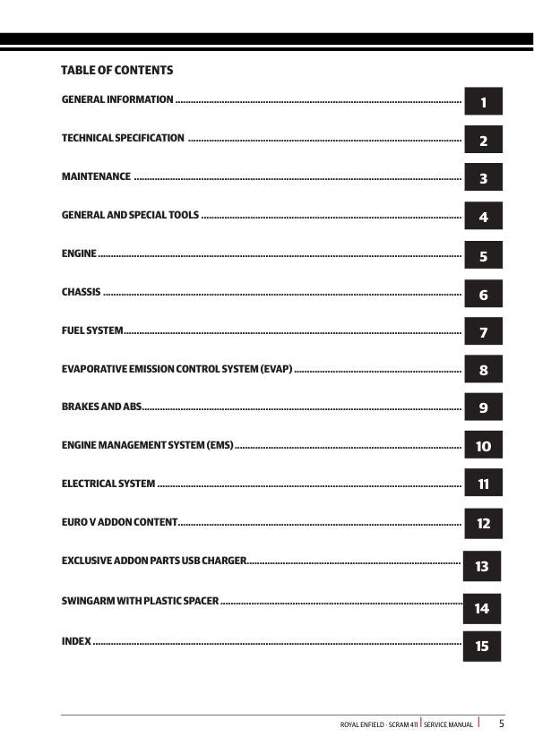 Royal Enfield Scram 411 Motorcycle Service Manual table of contents