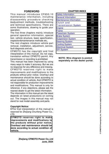 CFMOTO 675SS Service Manual table of contents