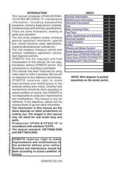CFMOTO 650NK Service Manual table of contents