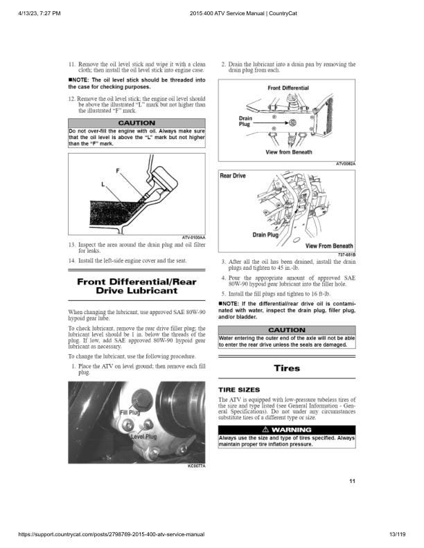Arctic Cat 400 ATV Service Manual table of contents