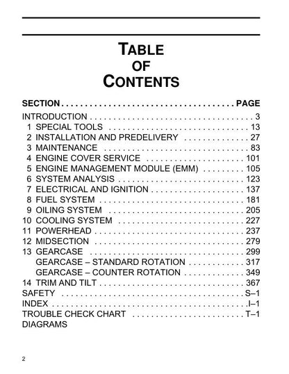 Evinrude ETEC 115 130 150 175 200 V4 V6 Outboard Service Manual table of contents