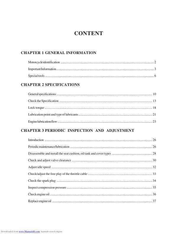 Jianshe JS125-6B Motorcycle Service Manual table of contents