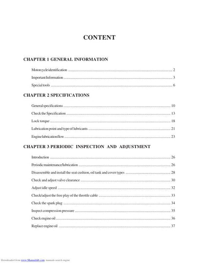 Jianshe JS125-6B Motorcycle Service Manual table of contents