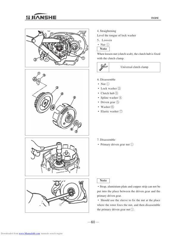Jianshe JS125-6B Motorcycle Service Manual sample page with diagrams and specifications