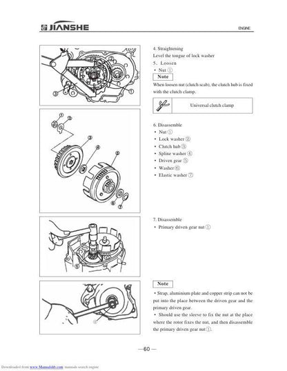 Jianshe JS125-6B Motorcycle Service Manual sample page with diagrams and specifications