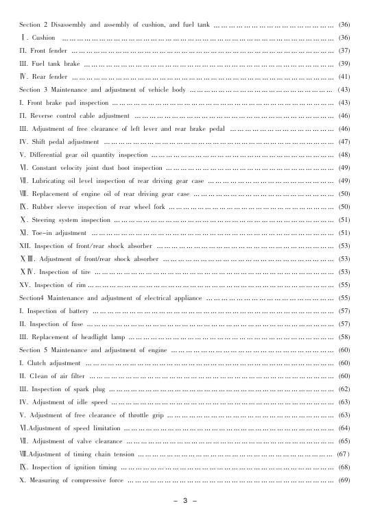 Jianshe JS400 ATV Service Manual table of contents