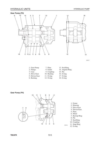 Takeuchi TB53FR Compact Excavator Service Manual sample page with diagrams and specifications