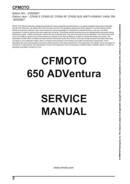 CFMOTO 650 ADVentura Service Manual factory service manual title page