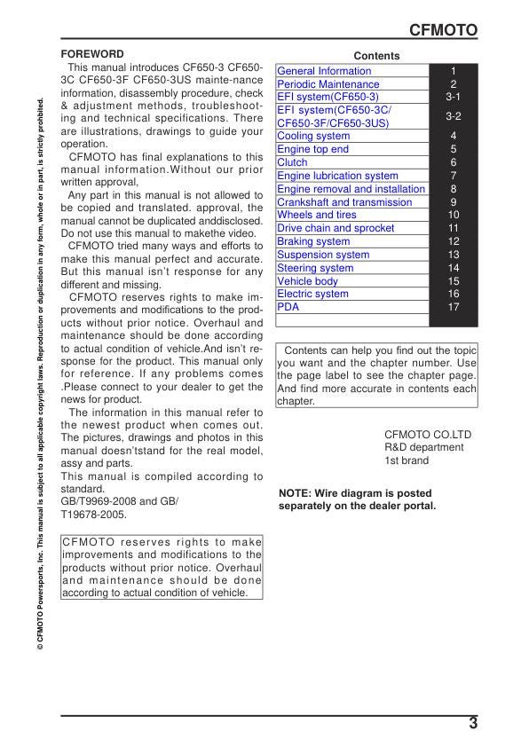 CFMOTO 650 ADVentura Service Manual table of contents