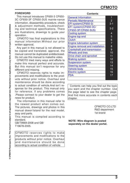 CFMOTO 650 ADVentura Service Manual table of contents