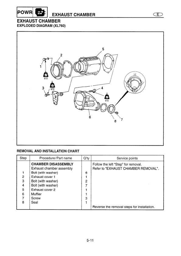 Yamaha WaveRunner XL760 XL1200 Service Manual sample page with diagrams and specifications