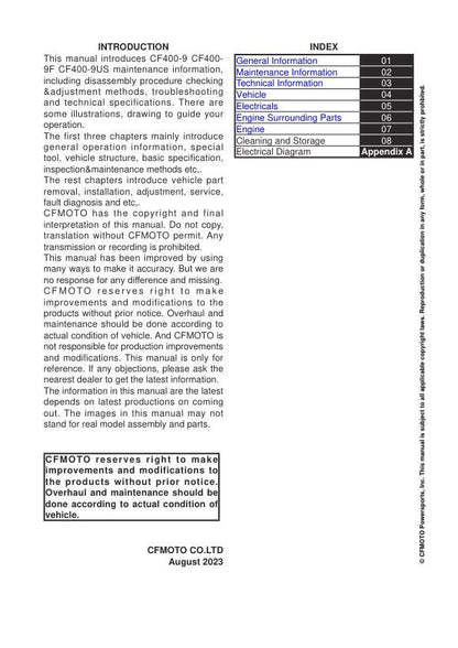 CFMOTO 450SS Service Manual table of contents