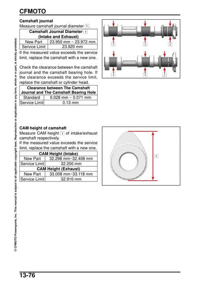 CFMOTO 450CL-C Service Manual sample page with service data and tables