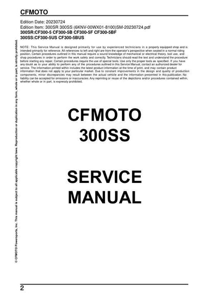 CFMOTO 300SS Service Manual factory service manual title page