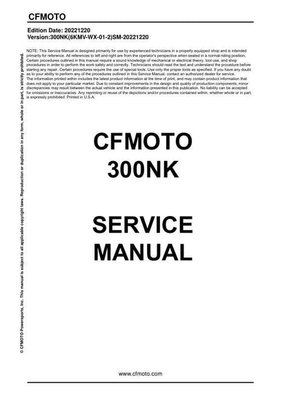 CFMOTO 300NK Service Manual factory service manual title page