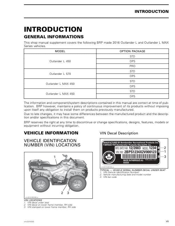 Can Am Can-Am Outlander L 570 / Max Service Manual table of contents