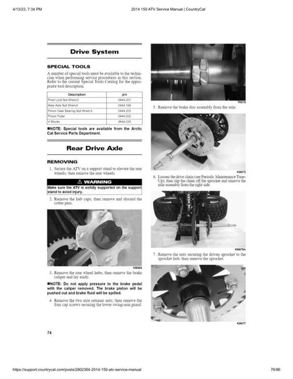 Arctic Cat 150 ATV Service Manual sample page with service data and tables
