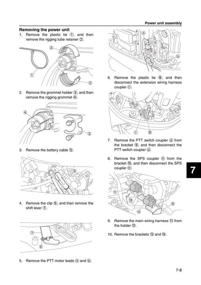 Yamaha F225 F250 F300 Outboard Service Manual sample page with diagrams and specifications