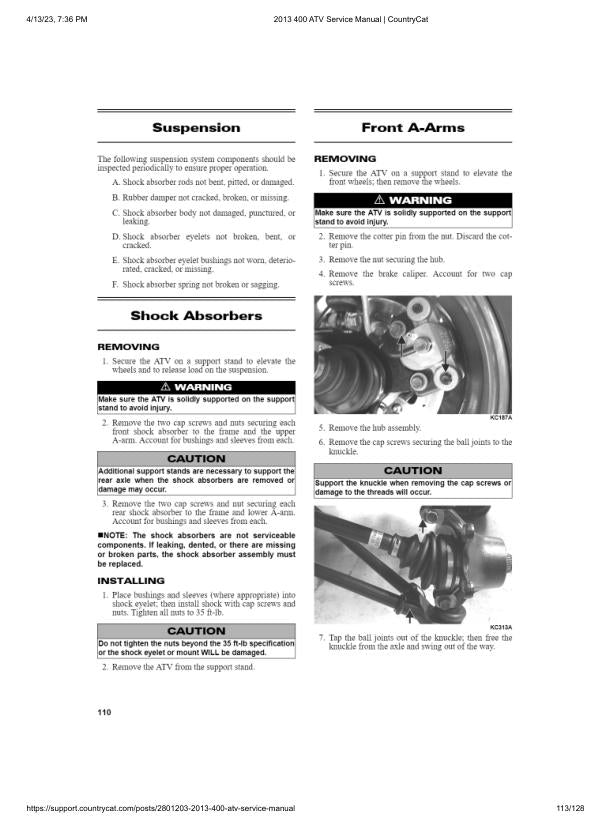 Arctic Cat 400 ATV Service Manual sample page with service data and tables