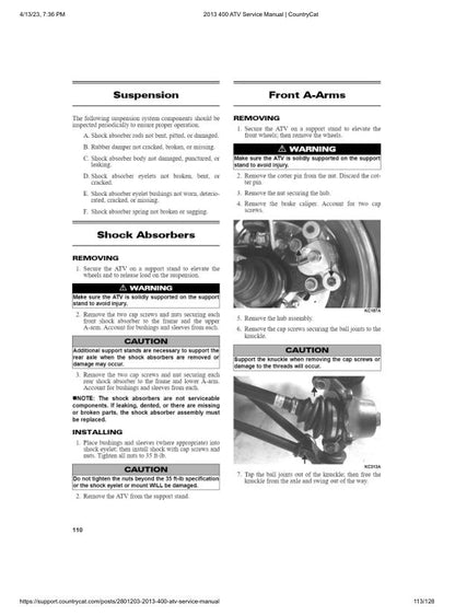Arctic Cat 400 ATV Service Manual sample page with service data and tables